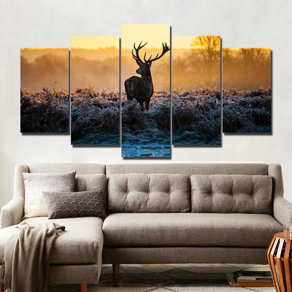 Sunset Deer on the Snowfield - Animal 5 Panel Canvas Art Wall Decor Sunset Deer on the Snowfield - Animal 5 Panel Canvas Art Wall Decor