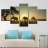 Sunset Elephant Family - Animal 5 Panel Canvas Art Wall Decor