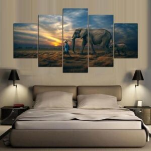 Sunset Elephant - Animal 5 Panel Canvas Art Wall Decor