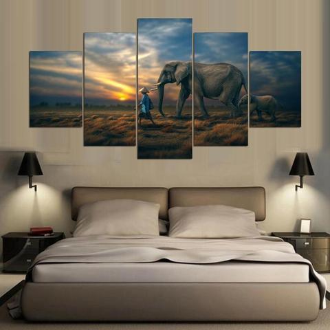 Sunset Elephant - Animal 5 Panel Canvas Art Wall Decor Sunset Elephant - Animal 5 Panel Canvas Art Wall Decor