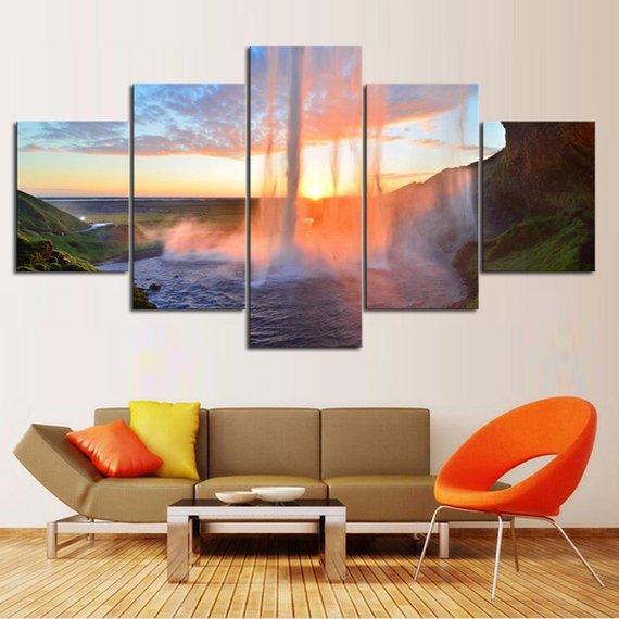 Sunset Falls - Nature 5 Panel Canvas Art Wall Decor Sunset Falls - Nature 5 Panel Canvas Art Wall Decor