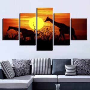 Sunset Giraffe 5 - Animal 5 Panel Canvas Art Wall Decor