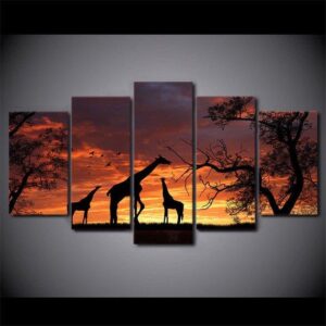 Sunset Giraffes Giraffe - Animal 5 Panel Canvas Art Wall Decor