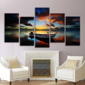Sunset Glow Red Sky Sea Small Boats - Nature 5 Panel Canvas Art Wall Decor