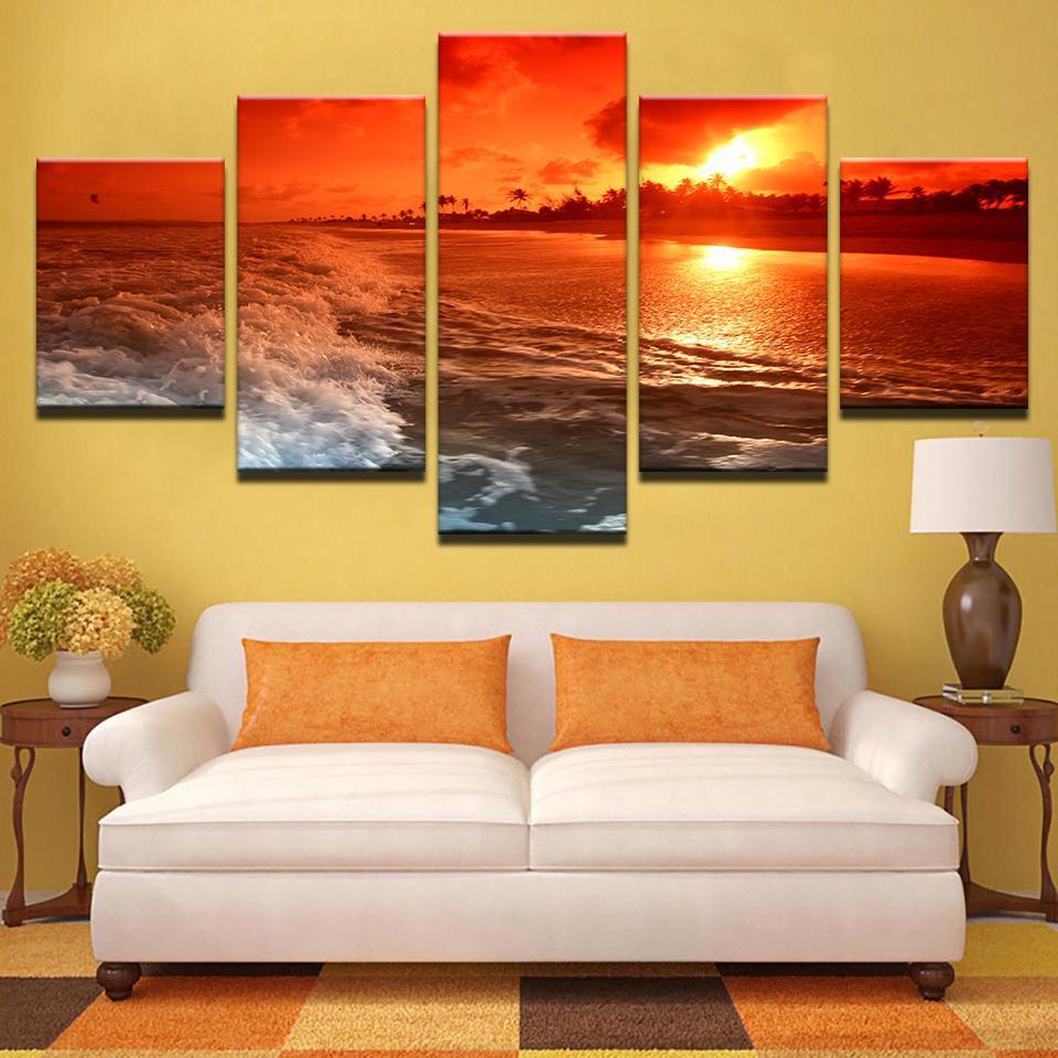 Sunset Glow Tintthe Sky Rbeach Sea Waves - Nature 5 Panel Canvas Art Wall Decor Sunset Glow Tintthe Sky Rbeach Sea Waves - Nature 5 Panel Canvas Art Wall Decor