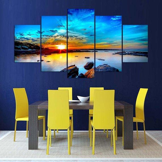 Sunset In The Water 2 - Nature 5 Panel Canvas Art Wall Decor Sunset In The Water 2 - Nature 5 Panel Canvas Art Wall Decor