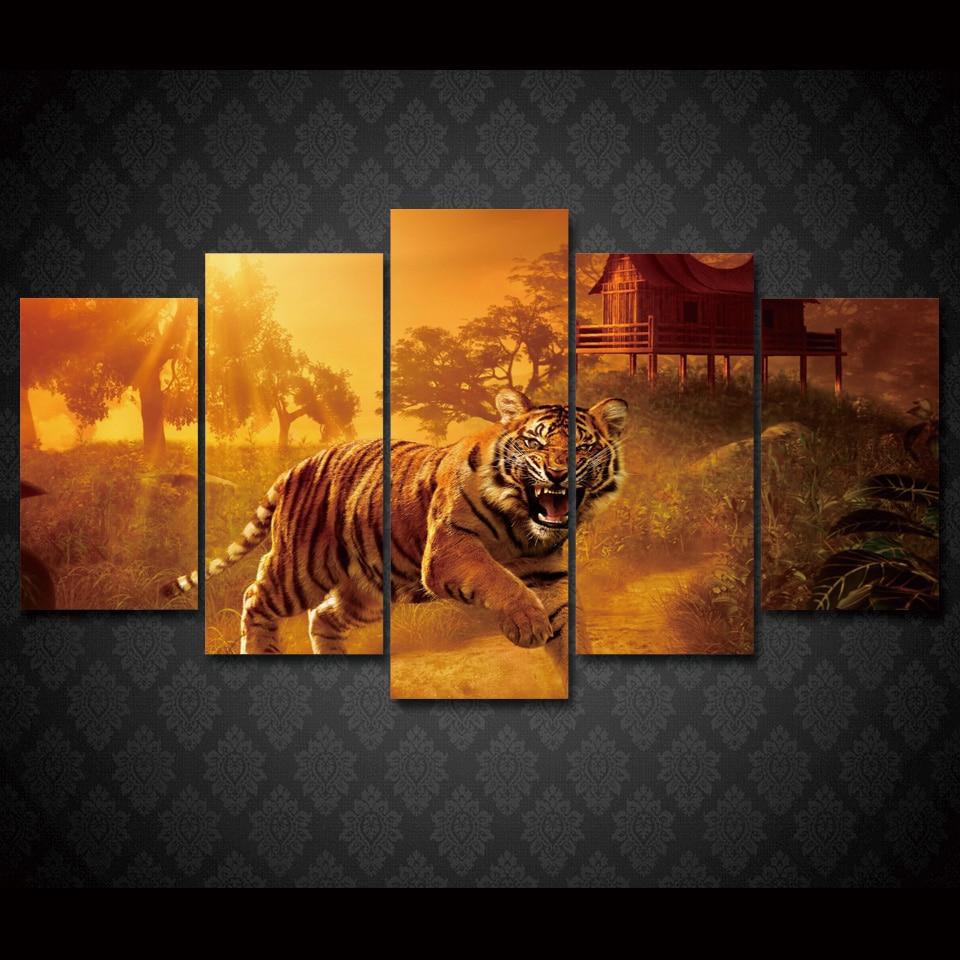 Sunset Jungle Tigers - Animal 5 Panel Canvas Art Wall Decor Sunset Jungle Tigers - Animal 5 Panel Canvas Art Wall Decor