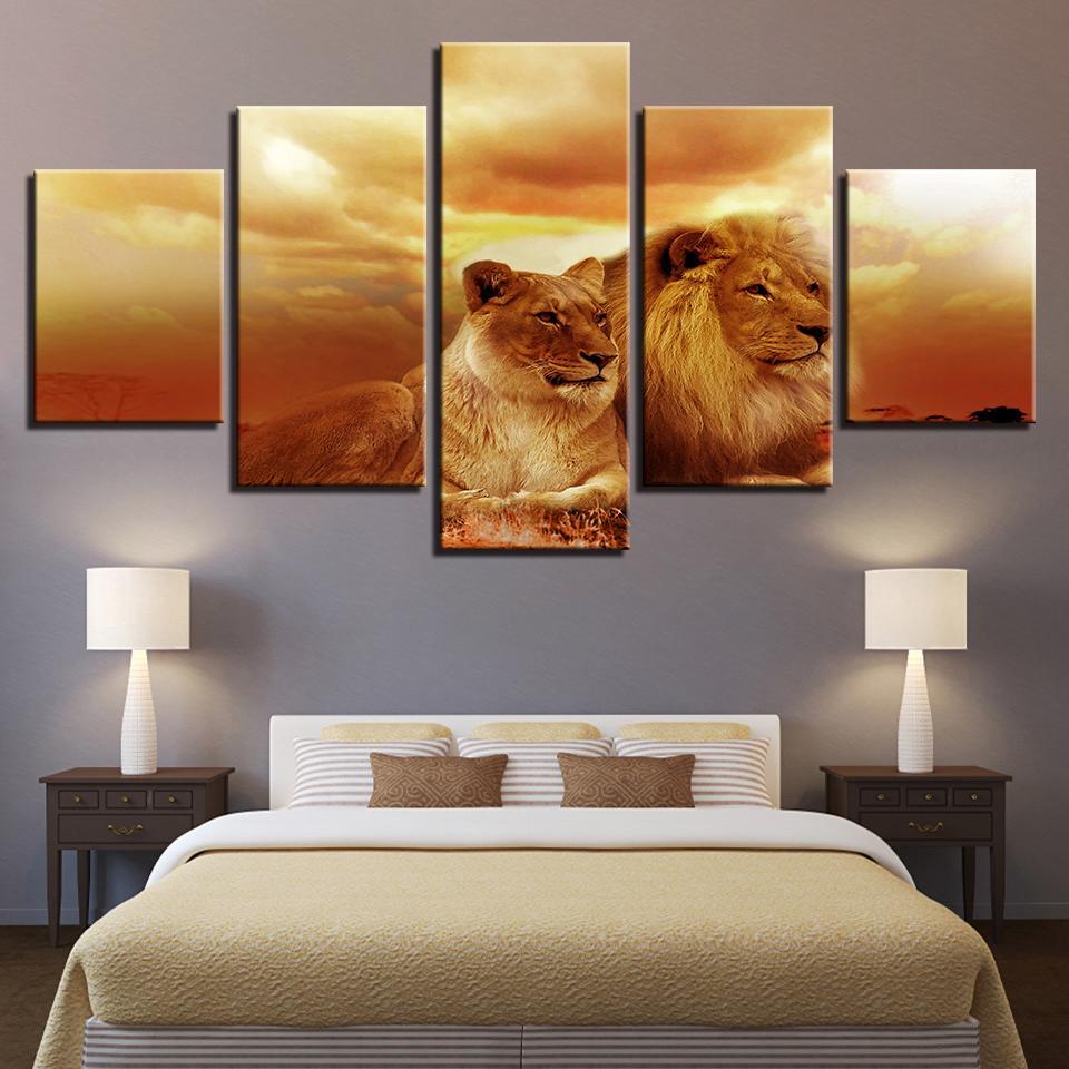 Sunset King Of The Forest Lions - Animal 5 Panel Canvas Art Wall Decor Sunset King Of The Forest Lions - Animal 5 Panel Canvas Art Wall Decor