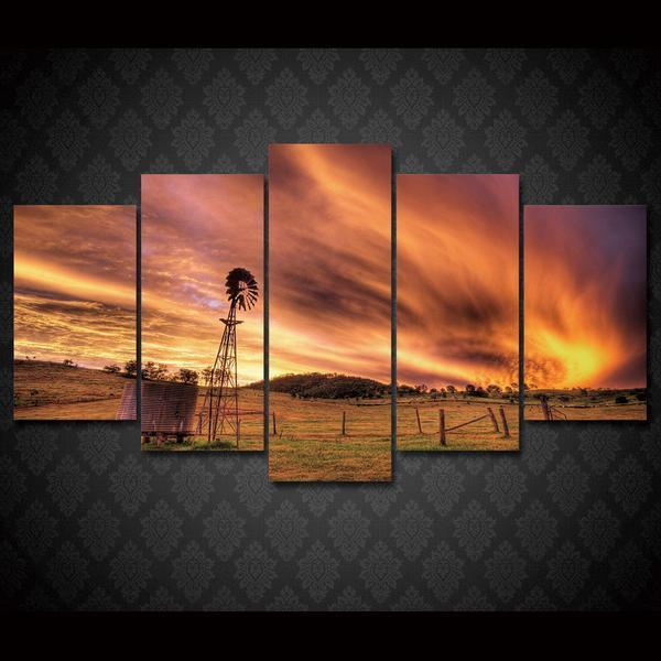 Sunset Landscape Farm Windmill - Abstract 5 Panel Canvas Art Wall Decor Sunset Landscape Farm Windmill - Abstract 5 Panel Canvas Art Wall Decor