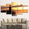 Sunset Landscape Lighthouse Sea Level - Narture 5 Panel Canvas Art Wall Decor