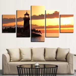 Sunset Landscape Lighthouse Sea Level - Narture 5 Panel Canvas Art Wall Decor