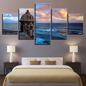 Sunset Lighthouse Sea Waves - Space 5 Panel Canvas Art Wall Decor