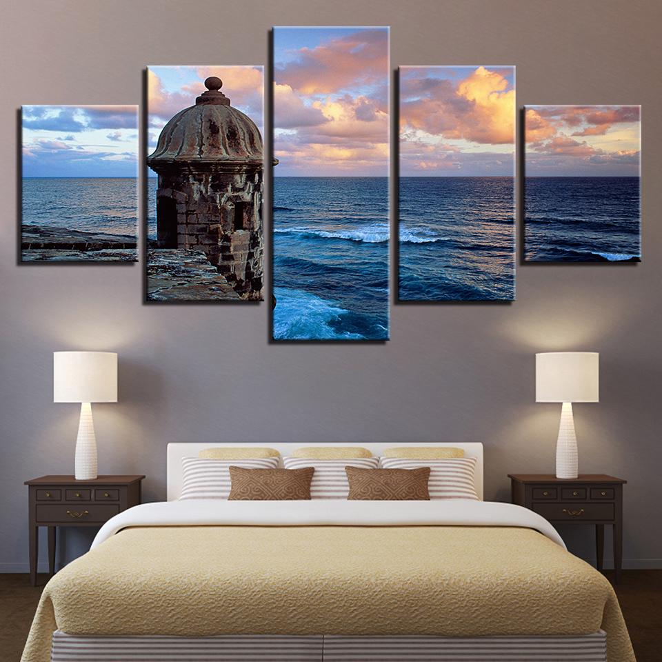 Sunset Lighthouse Sea Waves - Space 5 Panel Canvas Art Wall Decor Sunset Lighthouse Sea Waves - Space 5 Panel Canvas Art Wall Decor