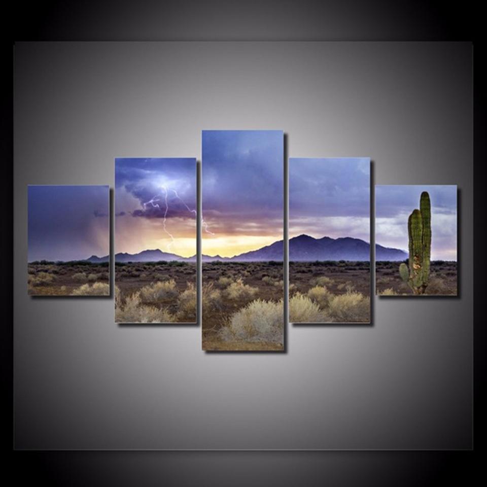 Sunset Lightning Desert - Nature 5 Panel Canvas Art Wall Decor Sunset Lightning Desert - Nature 5 Panel Canvas Art Wall Decor