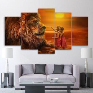 Sunset Lion Animal Lion Children - Animal 5 Panel Canvas Art Wall Decor