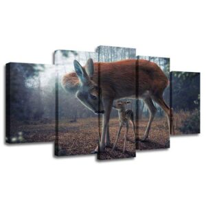 Sunset Mother And Son White-Tailed Deer - Animal 5 Panel Canvas Art Wall Decor