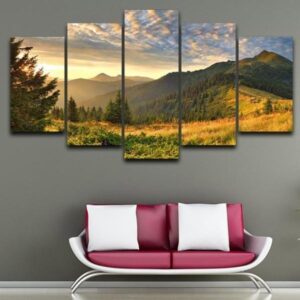 Sunset Mountain Clouds Green Nature Landscape - Nature 5 Panel Canvas Art Wall Decor
