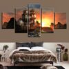 Sunset Mountain Retro Sailing Boat - Space 5 Panel Canvas Art Wall Decor