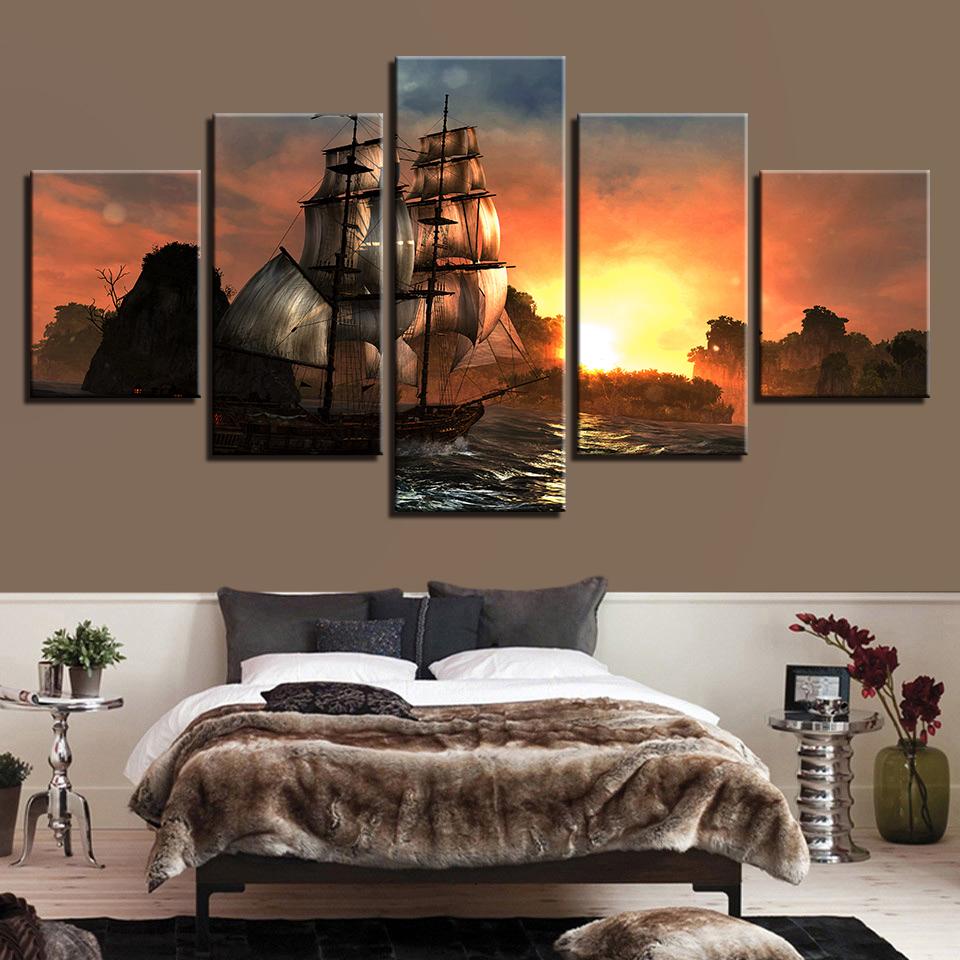 Sunset Mountain Retro Sailing Boat - Space 5 Panel Canvas Art Wall Decor Sunset Mountain Retro Sailing Boat - Space 5 Panel Canvas Art Wall Decor