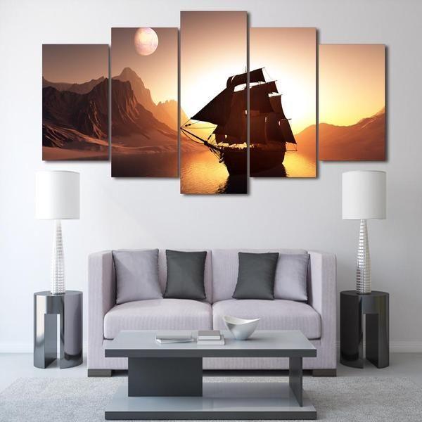 Sunset Mountain Sailboat - Nature 5 Panel Canvas Art Wall Decor Sunset Mountain Sailboat - Nature 5 Panel Canvas Art Wall Decor