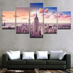Sunset New York City Cityscape - Nature 5 Panel Canvas Art Wall Decor