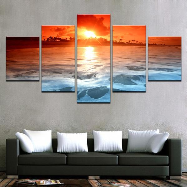 Sunset Ocean Beach Sea Waves Seascape - Ocean 5 Panel Canvas Art Wall Decor Sunset Ocean Beach Sea Waves Seascape - Ocean 5 Panel Canvas Art Wall Decor