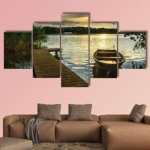 Sunset On A Lake - Nature 5 Panel Canvas Art Wall Decor