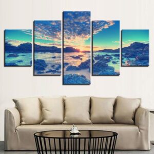 Sunset On A Rocky Shore - Space 5 Panel Canvas Art Wall Decor