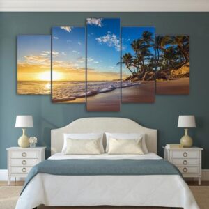 Sunset On A Tropical Beach - Ocean 5 Panel Canvas Art Wall Decor