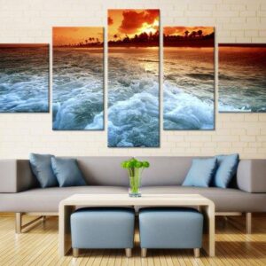 Sunset On Beach 4 - Nature 5 Panel Canvas Art Wall Decor