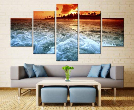 Sunset On Beach 4 - Nature 5 Panel Canvas Art Wall Decor Sunset On Beach 4 - Nature 5 Panel Canvas Art Wall Decor