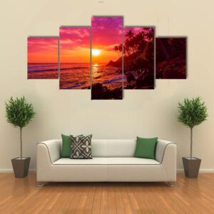 Sunset On Beach With Palm Trees - Nature 5 Panel Canvas Art Wall Decor