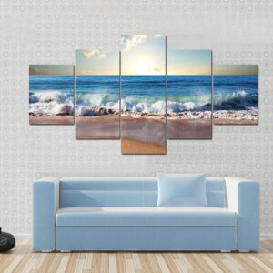 Sunset On Beach With Strong Ocean Waves - Nature 5 Panel Canvas Art Wall Decor