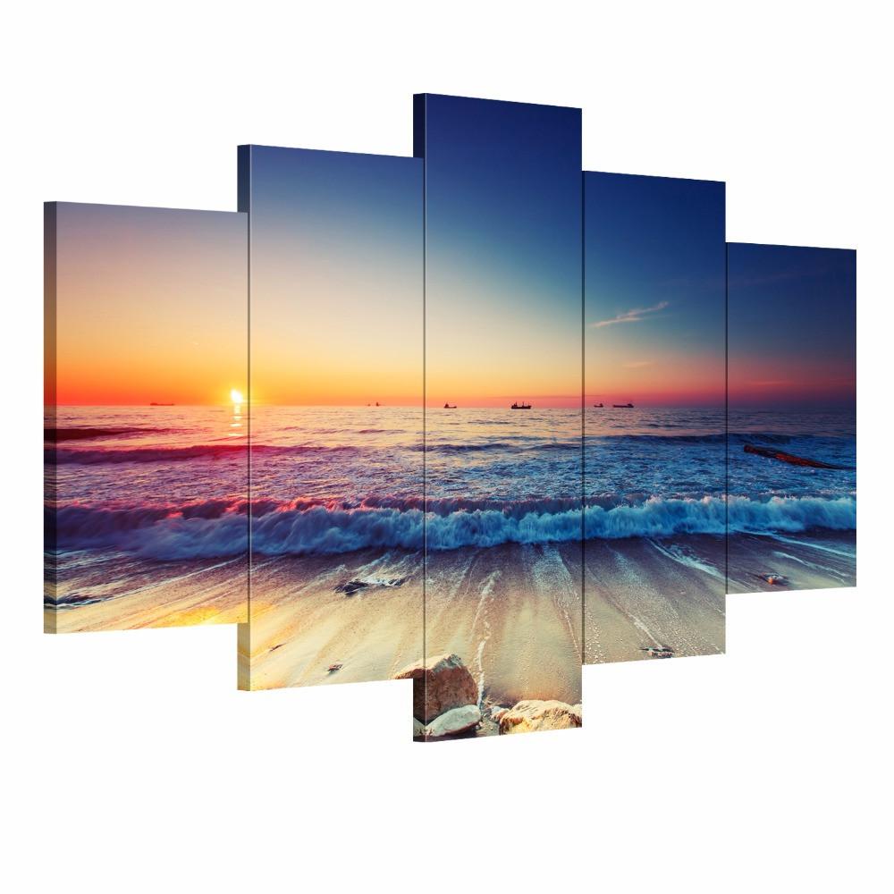 Sunset On Lovely Seascape - Nature 5 Panel Canvas Art Wall Decor Sunset On Lovely Seascape - Nature 5 Panel Canvas Art Wall Decor