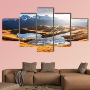 Sunset On Mountain Lake Koruldi - Nature 5 Panel Canvas Art Wall Decor