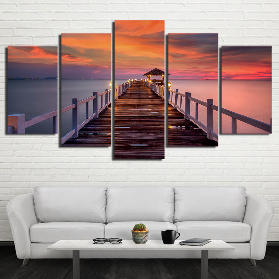 Sunset On The Jetty - Nature 5 Panel Canvas Art Wall Decor Sunset On The Jetty - Nature 5 Panel Canvas Art Wall Decor