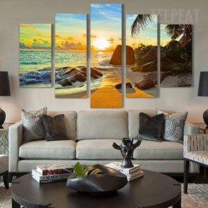 Sunset On The Ocean - Nature 5 Panel Canvas Art Wall Decor
