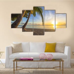 Sunset On Tropical Fiji Island - Nature 5 Panel Canvas Art Wall Decor