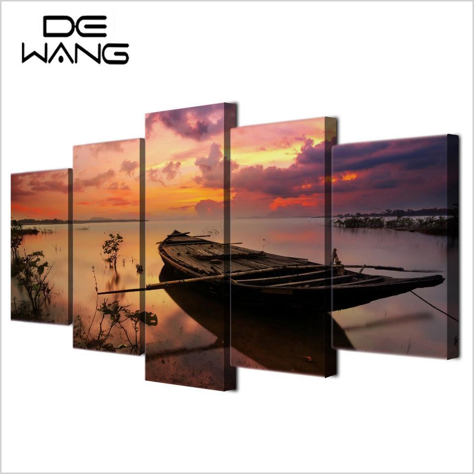 Sunset Or Boat And Lake - Nature 5 Panel Canvas Art Wall Decor Sunset Or Boat And Lake - Nature 5 Panel Canvas Art Wall Decor