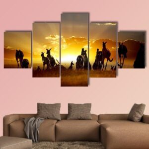 Sunset Over Australian Outback Kangaroo Series - Animal 5 Panel Canvas Art Wall Decor