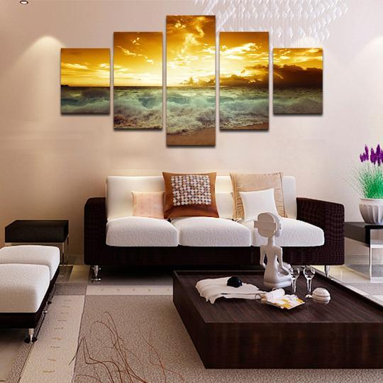 Sunset Over Golden Sands - Nature 5 Panel Canvas Art Wall Decor Sunset Over Golden Sands - Nature 5 Panel Canvas Art Wall Decor