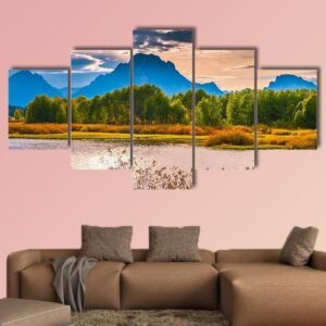Sunset Over Grand Tetons Taken From The Oxbow Bend 1 - Nature 5 Panel Canvas Art Wall Decor