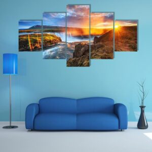 Sunset Over Landscapes And Waterfalls - Nature 5 Panel Canvas Art Wall Decor