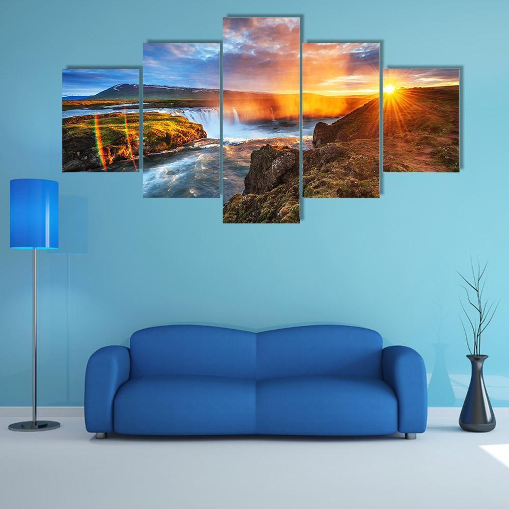 Sunset Over Landscapes And Waterfalls - Nature 5 Panel Canvas Art Wall Decor Sunset Over Landscapes And Waterfalls - Nature 5 Panel Canvas Art Wall Decor