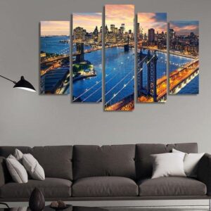 Sunset Over Manhattan New York City - Nature 5 Panel Canvas Art Wall Decor