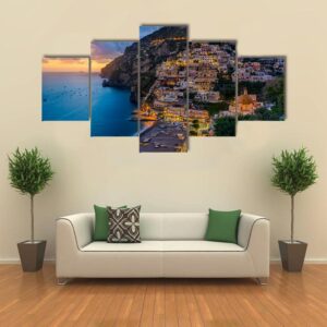 Sunset Over Positano At Amalfi Coast - Nature 5 Panel Canvas Art Wall Decor