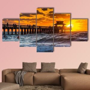 Sunset Over The Fishing Pier And Gulf Of Mexico In Naples - Nature 5 Panel Canvas Art Wall Decor