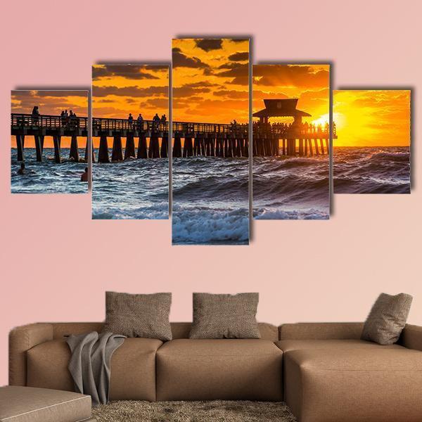 Sunset Over The Fishing Pier And Gulf Of Mexico In Naples - Nature 5 Panel Canvas Art Wall Decor Sunset Over The Fishing Pier And Gulf Of Mexico In Naples - Nature 5 Panel Canvas Art Wall Decor