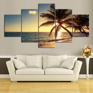 Sunset Palm - Nature 5 Panel Canvas Art Wall Decor