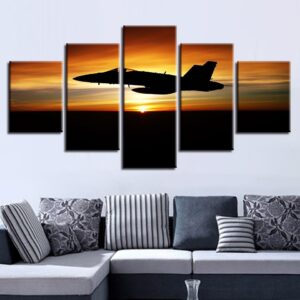 Sunset Plane 2 - Aircraft 5 Panel Canvas Art Wall Decor